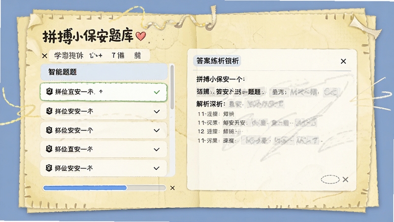 拼搏小保安题库 智能练习界面,左侧显示题目列表与进度条,右侧展示答案解析窗口,背景为淡黄色纸张纹理,模拟真实试卷效果,整体风格清爽,强调学习功能与解析深度