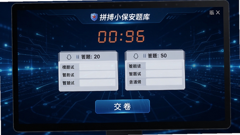 拼搏小保安题库 模拟考试界面,屏幕显示倒计时和答题卡,下方为交卷按钮,背景为深蓝色科技感光效,强调考试的严肃性与专业性,整体风格沉稳大气