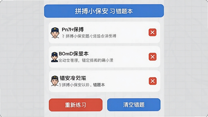 拼搏小保安题库 错题本界面,界面中央显示错题列表,每条题目右侧有红叉标记,底部有‘重新练习’和‘清空错题’按钮,背景为浅灰色网格,突出数据化学习管理功能