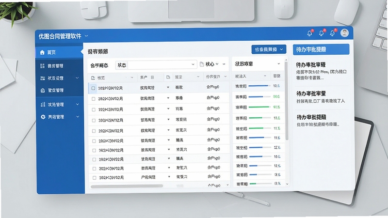 一张展示优图合同管理软件主界面的高清截图,画面中央是合同列表与状态看板,左侧为功能导航栏,右侧为待办审批提醒区域,整体界面采用蓝白配色,风格简洁现代,背景为浅灰色商务办公桌面,突出软件的专业性与数据可视化效果