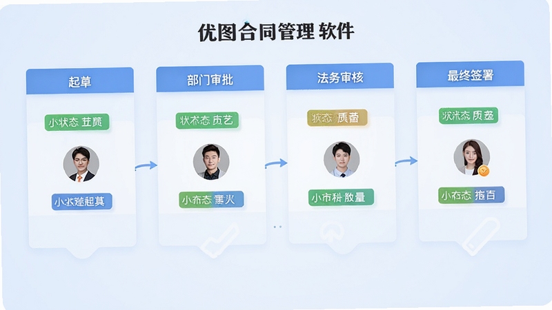 优图合同管理软件的合同审批流程图预览图,画面展示从起草、部门审批、法务审核到最终签署的泳道式时间线,每个节点带有状态标签与负责人头像,背景为柔和的淡蓝色渐变,整体风格清晰直观,突出流程可视化特点
