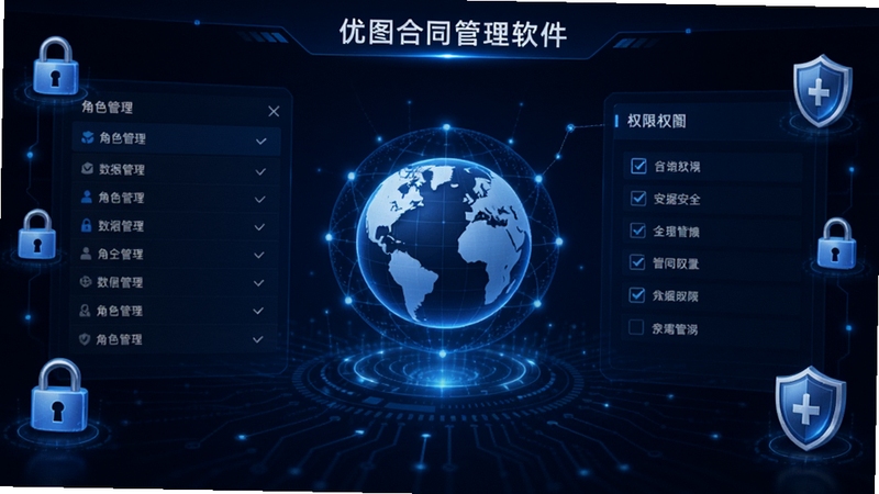 优图合同管理软件的权限设置界面示意图,画面展示角色管理列表与权限勾选框,背景为深蓝色科技质感,中央以地球图标象征数据安全,四周环绕加密锁与盾牌图标,整体氛围严谨专业,突出企业级安全防护特性