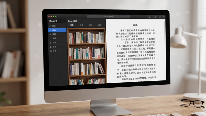 一张高清的电脑屏幕特写,屏幕上显示iRead微阅软件的主界面,界面左侧是分类书架,右侧是打开的电子书页面,背景是简洁的书房桌面,木纹质感,光线柔和,整体风格商务简约,突出软件的书架管理和阅读功能。