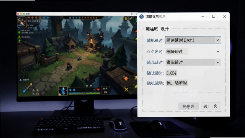 鼠标后台点击器在游戏中应用的示意图,画面显示游戏窗口在后台运行,软件界面设置随机延时参数,背景为游戏场景,风格暗色调