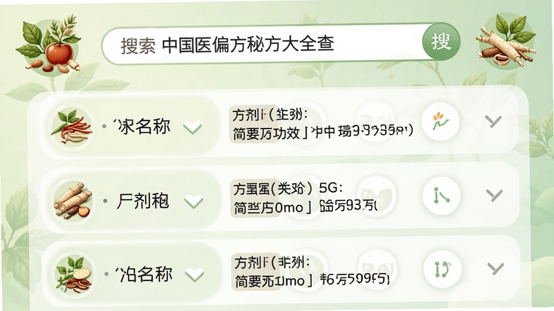 中国中医偏方秘方大全查询搜索界面,搜索框位于顶部,下方显示搜索结果列表,每条结果包含方剂名称和简要功效,背景为淡绿色渐变,配以草药图标,画质清晰,界面友好