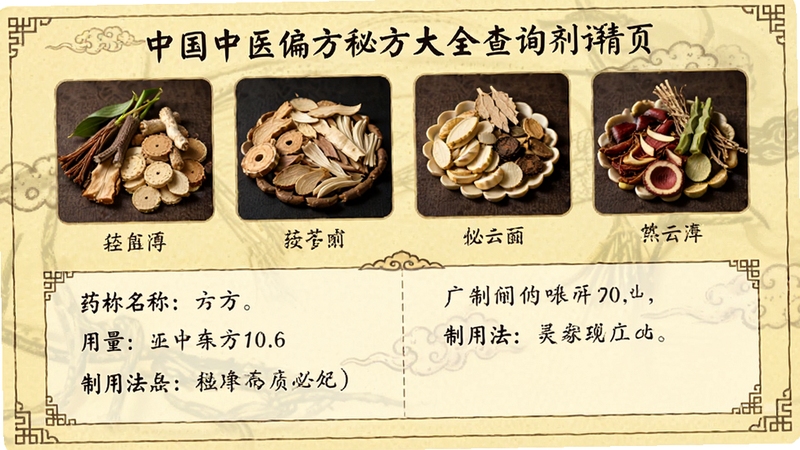 中国中医偏方秘方大全查询方剂详情页,上方为药材图片,下方为文字说明,包含药材名称、用量、制用法等,页面排版整洁,背景为浅黄色,古风韵味,适合教学展示