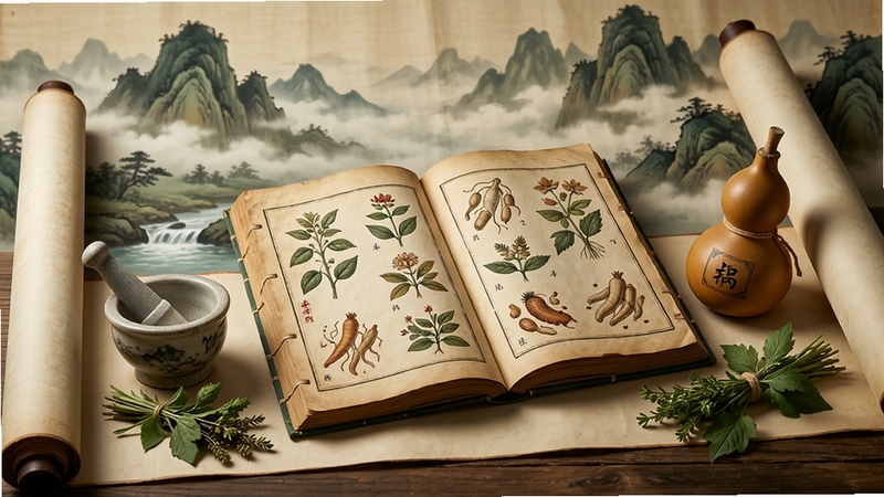 一幅古风画卷缓缓展开,画面中央是一本翻开的线装古籍《本草纲目》,书页上绘制着栩栩如生的草药插图,旁边摆放着捣药罐、药葫芦和几束新鲜草药,背景是云雾缭绕的青山和潺潺溪流,整体色调以米黄、赭石、墨绿为主,呈现出古朴厚重的历史感,画面细节丰富,光影柔和,营造出宁静致远的东方药学意境