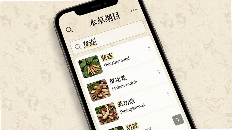 智能手机界面展示《本草纲目》软件的搜索功能,屏幕中央是搜索框,输入“黄连”后下方显示出多条检索结果列表,每条结果配有草药小图和简要功效说明,背景为淡雅的米色纹理,界面设计简洁清晰,重点突出搜索结果,整体风格融合古典与现代,细节包括搜索图标、高亮关键词和翻页按钮