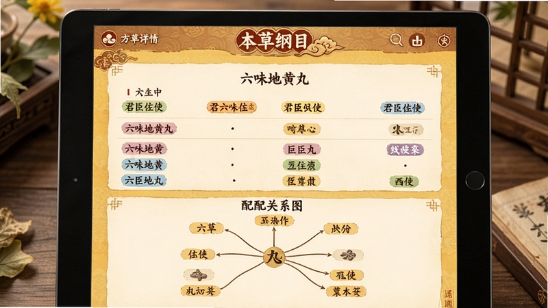 平板电脑显示《本草纲目》软件的方剂详情页,展示“六味地黄丸”的组成列表,每味药物旁有彩色标签标注君臣佐使,下方有配伍关系图,线条连接各药物,背景为暖黄色,界面布局清晰,文字可读性强,整体风格专业且具有中医文化韵味