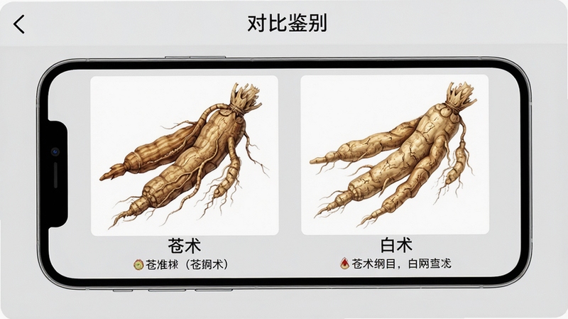 手机横屏展示《本草纲目》软件中的药物图片对比界面,左右并排显示两张相似药材的高清插图,左侧为“苍术”,右侧为“白术”,图片下方标注关键区别点,背景为浅灰色,界面顶部有“对比鉴别”字样,图片细节丰富,色彩真实,突出植物根茎的纹理差异,整体风格学术且清晰