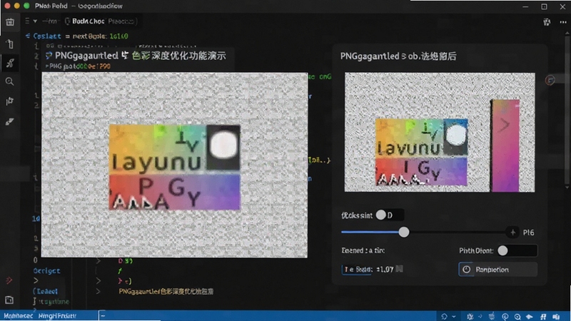 PNGgauntlet色彩深度优化功能演示,展示一张带有透明背景的PNG图片,在软件中调整色彩深度参数,显示优化前后体积变化,界面有滑块和预设选项,背景为深色代码编辑器风格,突出专业性