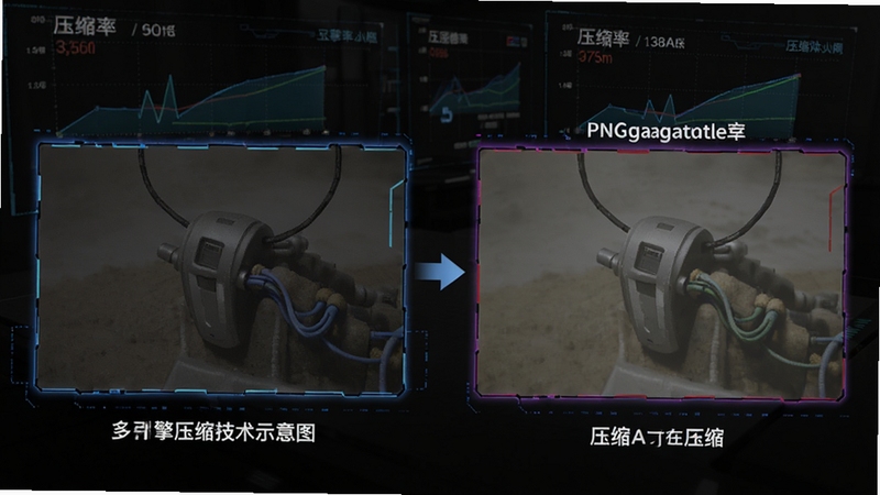 PNGgauntlet多引擎压缩技术示意图,展示原图与压缩后图片对比,色彩无差异,文件大小明显减小,背景有数据图表显示压缩率,整体风格科技感强