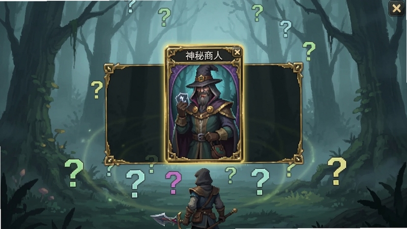 你能坚持几回合随机事件界面截图,屏幕中央弹出一个金色边框的卡牌事件窗口,上面写着“神秘商人”,背景是迷雾笼罩的森林,角色站在画面下方,周围有闪烁的问号图标,整体色调神秘而富有吸引力