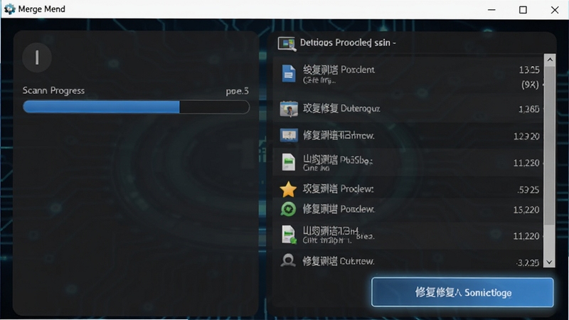 一张Merge Mend安装器的智能修复界面截图,界面左侧显示扫描进度条,右侧列出检测到的问题文件列表,背景为深色科技感,高亮显示修复按钮,整体风格专业且易懂