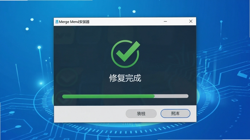 展示Merge Mend安装器主界面,背景为渐蓝色科技感,前景中央是安装器窗口,窗口中有绿色对勾图标和“修复完成”字样,下方有进度条和按钮,整体风格简洁明亮,突出软件名称Merge Mend安装器