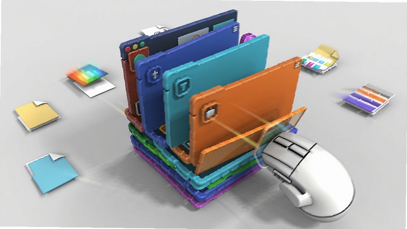 ����3D����BumpTop ������ʾͼ��չʾ�����ק�����ɫ���ڽ��жѵ��Ĺ��̣����ڴ�����Ӱ�ͺ�ȸУ����汳��Ϊǳ��ɫ���Ա����ļ�ͼ��ɢ�䣬���涯�У�ͻ������ѵ�Ч��������ִ����