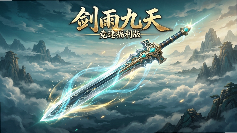 剑雨九天(竞速福利版)游戏主界面预览图,画面中央是一把流光溢彩的仙剑,背景是浩瀚的云海和远山,整体色调为青蓝与金色交织,光影效果华丽,风格写实唯美,突出仙侠竞速的震撼感