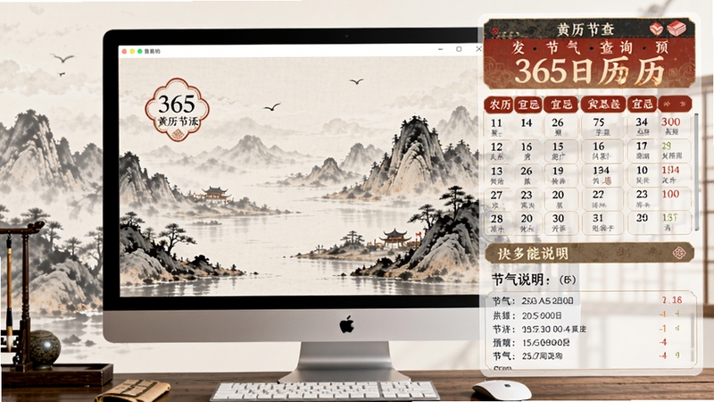 365日历黄历节气查询功能预览图,画面展示电脑端软件界面,右侧显示详细的农历日期、宜忌列表和节气说明,背景融入水墨山水画元素,风格古风雅致,体现传统与现代结合的特色