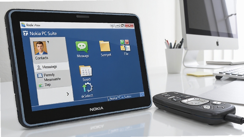 һ��ŵ�����ֻ����ӵ��Ե����泡������Ļ����ʾNokia PC Suite�����棬���������ϵ�ˡ����š��ļ�������ͼ�꣬����Ϊ��Լ���ִ��칫�����������������дʵ����