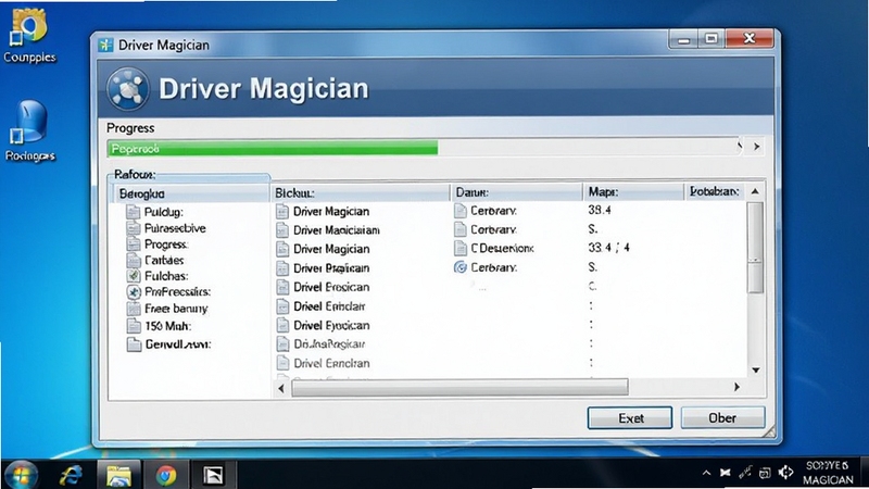 Driver Magician备份驱动过程截图,显示进度条与文件列表,背景为简洁的Windows桌面,软件窗口高亮显示,突出备份功能与软件名称Driver Magician,画面写实。