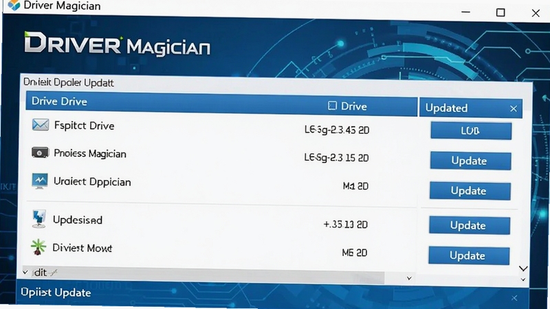 Driver Magician驱动更新检测界面,显示驱动列表与更新按钮,界面风格现代,配色以蓝白为主,软件名称Driver Magician清晰可见,背景为抽象科技感图形。