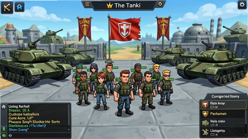 生成一张The Tank游戏军团界面截图,画面显示一个军团大厅,有多个玩家角色站在一起,背景是军事基地,有坦克和旗帜,界面有聊天框和军团任务列表,风格明亮清晰,人物卡通化但坦克写实。
