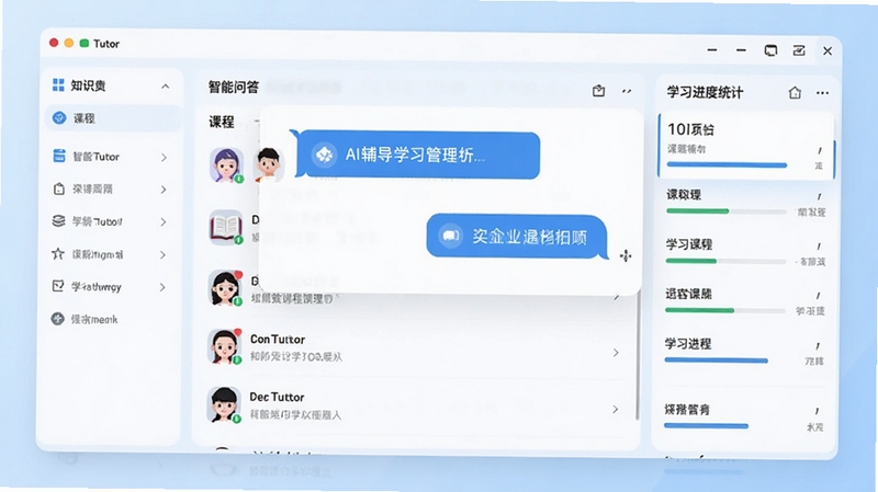 ConTutor软件主界面预览图,画面中央是智能问答对话框与课程列表,左侧是知识点导航栏,右侧是学习进度统计面板,整体风格现代简约,背景为淡蓝色渐变,突出AI辅导与学习管理的核心功能