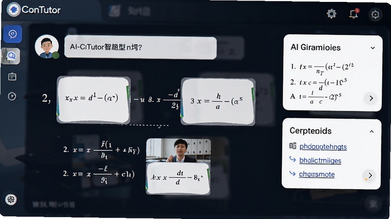 展示ConTutor智能对话界面细节图,用户提问数学公式推导,AI以分步图文形式展示解题过程,右侧浮动卡片显示关联的类似题型与知识点链接,界面干净,信息层级分明