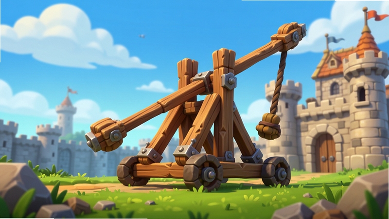 Catapult King游戏主界面预览图,画面中央是一架木制投石车,背景是蓝天白云下的中世纪城堡,前景有绿草地和碎石,整体色调明亮卡通,细节丰富,适合作为游戏宣传图