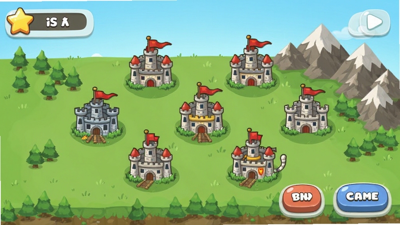 Catapult King关卡选择地图界面,画面显示多个城堡图标分布在绿色平原和山脉上,左上角有星星数量统计,界面简洁清晰,按钮圆润可爱