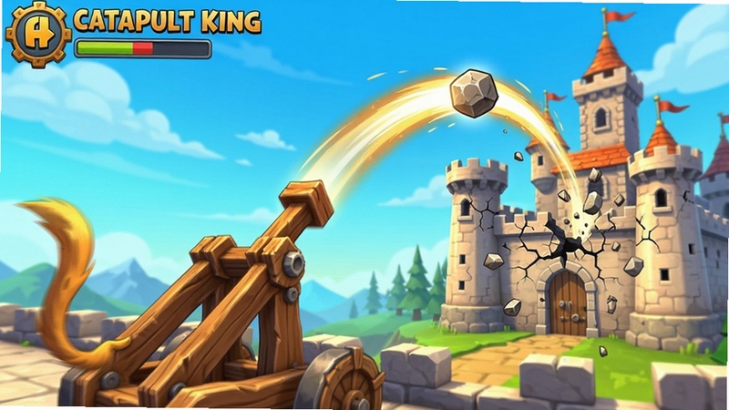 Catapult King游戏内投石车发射石弹的瞬间截图,石弹呈现抛物线轨迹飞向远处城堡,城堡墙体出现裂纹和碎石飞溅效果,画面动感十足,色彩鲜艳