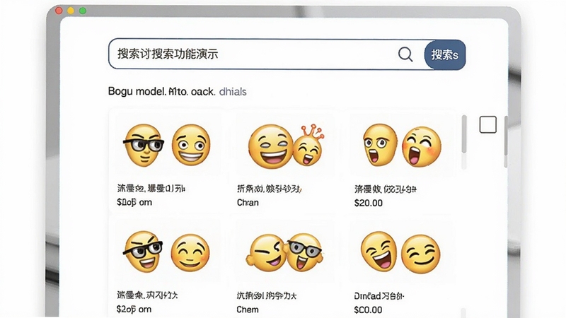 暴漫表情包搜索功能演示图,展示搜索框和搜索结果列表,画面主体为输入关键词后的表情展示界面,背景为白色简约风,整体风格干净整洁,突出搜索精准度,符合Boogu模型生成规范