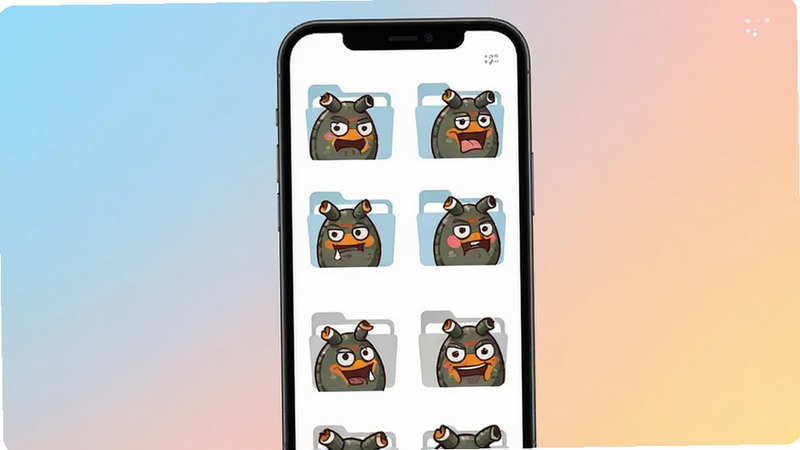 炮炮兵表情包资源库界面预览图,画面主体为手机屏幕上的表情包分类列表,背景为柔和渐变色,显示多个文件夹式分类图标,每个图标均以炮炮兵不同表情头像为封面,整体界面整洁直观,色彩明快