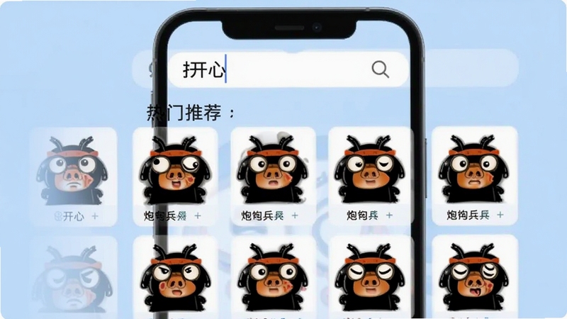炮炮兵表情包智能搜索界面预览图,画面主体为手机屏幕上显示搜索框和热门表情推荐列表,背景为浅蓝色调,搜索框内有“开心”字样,下方展示多个炮炮兵表情缩略图,整体风格清爽简洁
