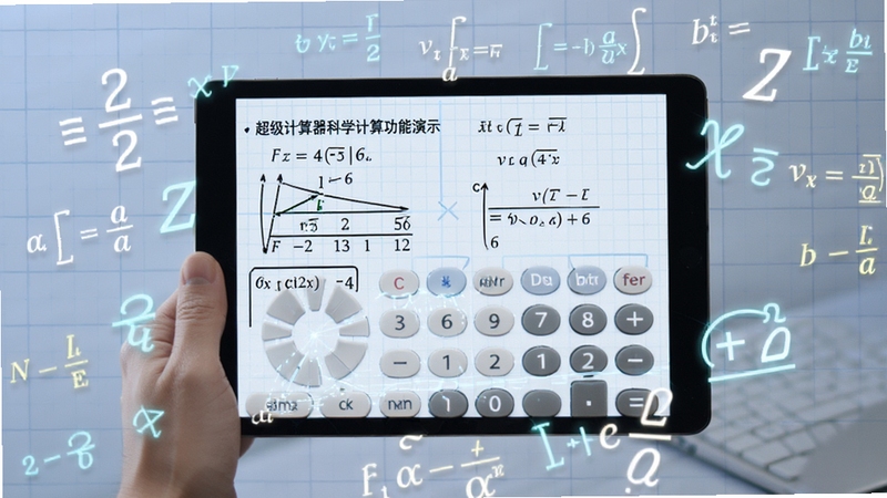 超级计算器科学计算功能演示,屏幕上显示三角函数与对数函数输入,背景为淡蓝色网格纸风格,计算器界面周围有数学符号漂浮,画面主体为平板设备横屏使用场景,突出运算速度与精准度,整体风格专业且富有科技感