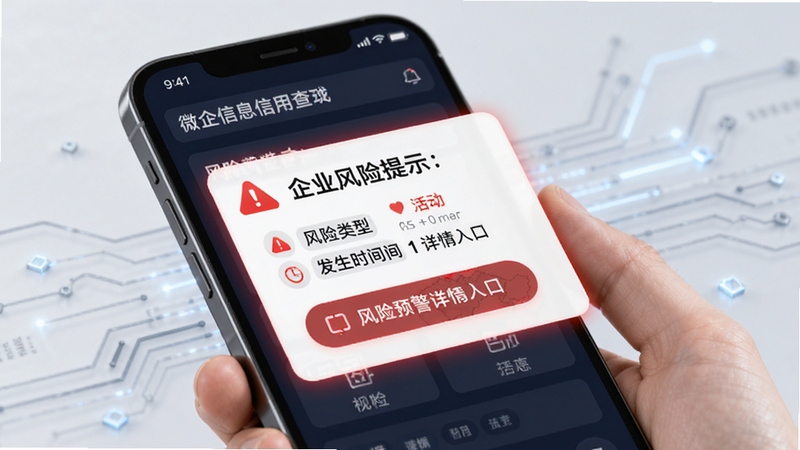 微企信息信用查风险预警功能示意图,手机屏幕上显示企业风险提示通知,包含风险类型、发生时间和详情入口,界面风格简洁现代,红色警示元素突出,背景为浅灰色突出科技感。