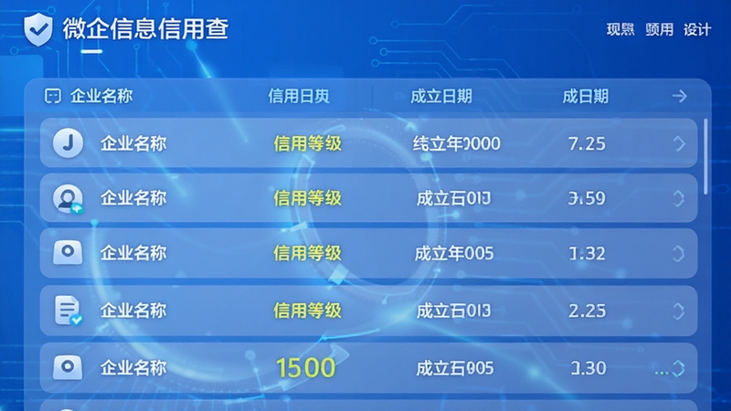 微企信息信用查主界面预览图,展示企业信用查询结果列表,清晰显示企业名称、信用等级、成立日期等关键信息,背景为蓝色渐变科技风格,界面简洁明亮,图标精致,整体视觉效果专业可靠。