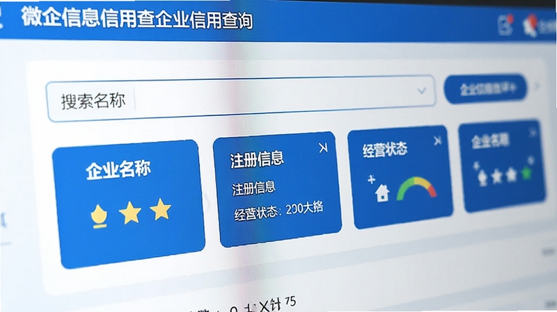 微企信息信用查企业信用查询界面特写,展示输入企业名称后的搜索结果页面,包含企业评分、注册信息、经营状态等数据卡片,界面采用蓝白配色,数据清晰排列,背景简洁突出主体。