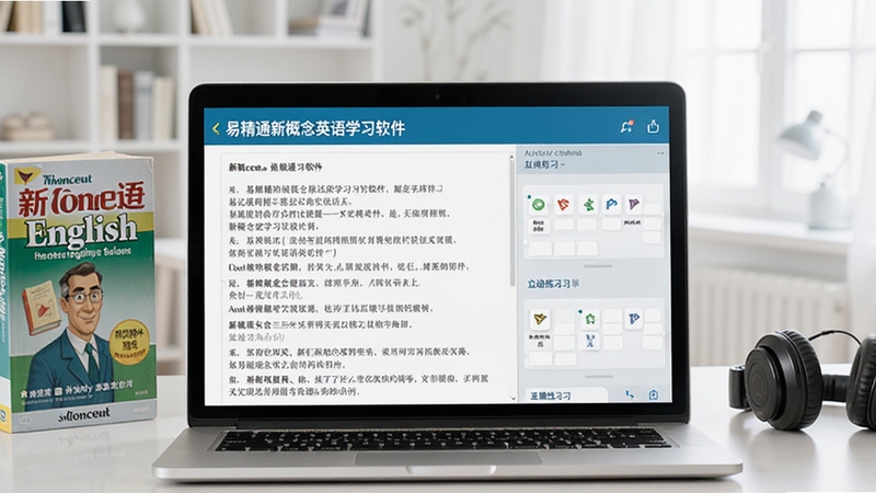 画面主体为易精通新概念英语学习软件在笔记本电脑上运行的界面特写,左侧是课文原文,右侧为互动练习面板。背景是简洁明亮的书房,书桌上摆放着新概念英语实体书与耳机。整体风格写实清晰,突出软件的实用性与学习氛围。