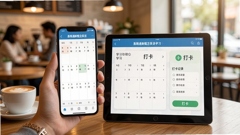 一张展示易精通新概念英语学习软件在手机和平板上同步使用的场景图,界面显示学习日历和打卡记录,背景为咖啡馆,色调温暖明亮,体现移动学习的便捷性。