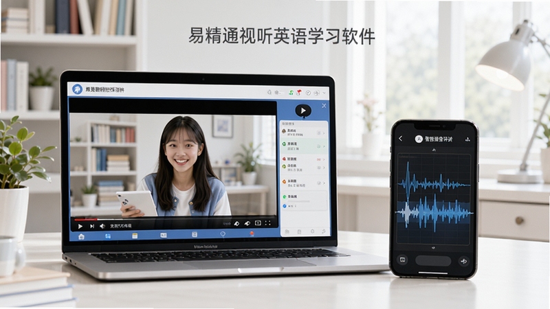 主视觉图,展示易精通视听英语学习软件(高中版)在笔记本电脑和手机上的界面,左侧为高清课程视频播放,右侧为智能语音评测波形图,背景是明亮的学习书房,画面干净现代,突出软件的多平台适配性与专业感。
