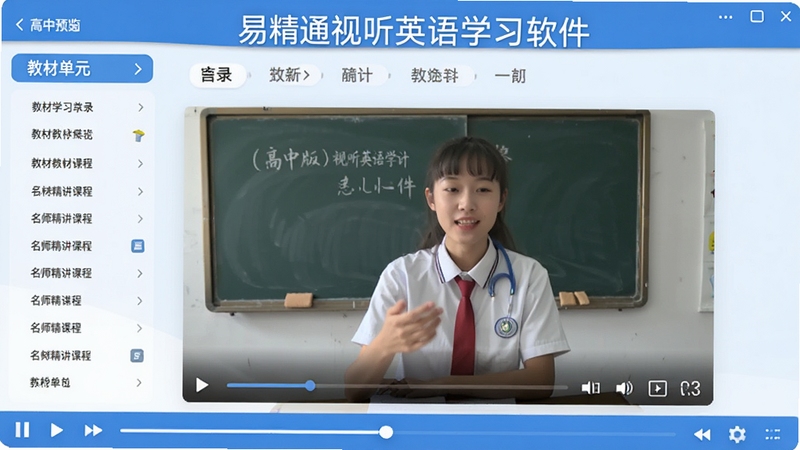 易精通视听英语学习软件(高中版)功能预览图,画面中央是播放中的名师精讲课程视频,画面边缘有清晰的教材单元目录列表和播放控制条,整体界面呈蓝白配色,简洁友好。