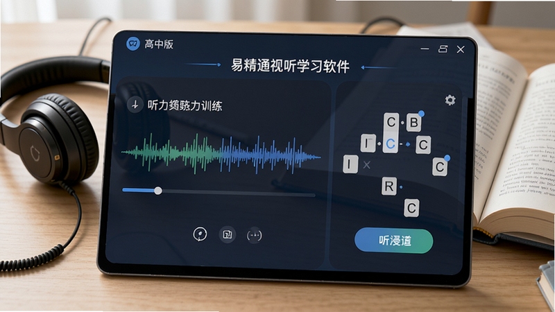 易精通视听英语学习软件(高中版)听力训练界面,展示听力练习的波形进度条和填字游戏式交互界面,背景为耳机和课本,整体风格清新写实,突出沉浸式学习体验。
