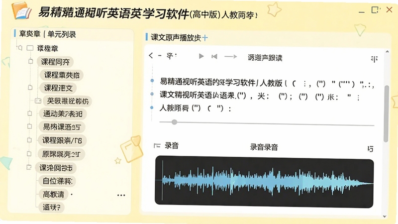 易精通视听英语学习软件(高中版)教材同步界面,显示人教版的单元列表,左侧是课程章节树,右侧展开课文原声播放器,带有逐句跟读和录音波形对比功能,背景为淡黄色护眼风格
