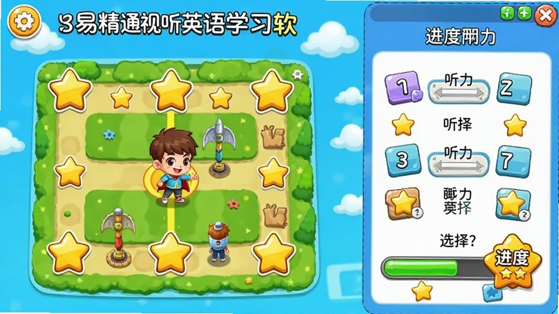 易精通视听英语学习软件(高中版)趣味闯关模式截图,画面展示一个关卡地图,包含多个星星图标和人物角色,右侧是听力选择题界面,色彩鲜艳活泼,带有卡通风格和明显的进度奖励提示