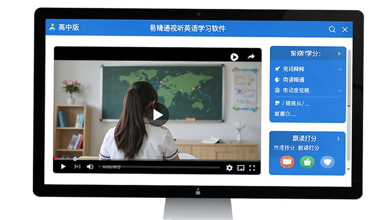 易精通视听英语学习软件(高中版)主界面预览图,画面展示软件在电脑屏幕上运行,背景是清晰的课程视频播放窗口,右侧配有单词释义和跟读打分面板,整体色调以蓝色和白色为主,风格简洁现代,突出高效学习氛围