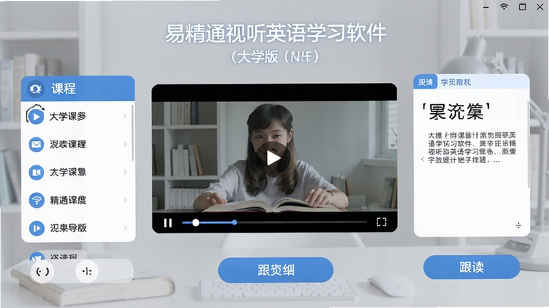 易精通视听英语学习软件(大学版)的主界面预览图,画面中央是影音播放窗口,周围环绕课程列表、字幕区与跟读按钮,整体色调蓝白相间,界面现代简洁,背景为浅灰色学习场景,突出软件核心功能与易用性