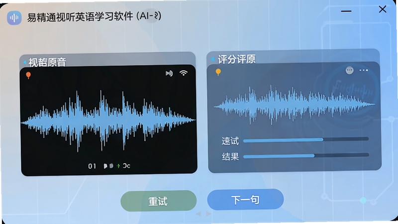 易精通视听英语学习软件(大学版)的AI跟读评测界面,左侧为视频原音波形图,右侧为学习者录音波形与评分结果,下方有重试和下一句按钮,背景色调柔和,突出智能评测的科技感