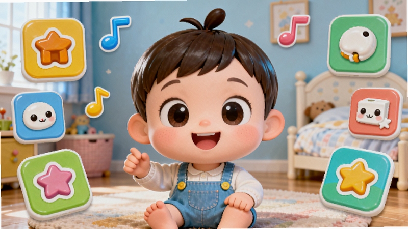 小萌宝软件主界面预览图,画面中心是一个可爱的卡通小萌宝形象,周围环绕着色彩鲜艳的认知卡片和音符,背景是温馨的儿童房,整体风格明亮活泼,充满童趣,使用3D渲染风格,高清画质。