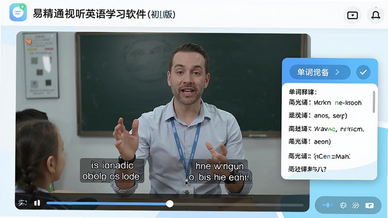易精通视听英语学习软件(初中版)的沉浸式视听课堂功能截图,一位外教正在视频中生动讲解对话,屏幕下方同步显示双语字幕和实时进度条,视频窗口旁边有单词释义弹窗,界面设计简洁现代,色彩明快,突出互动学习氛围